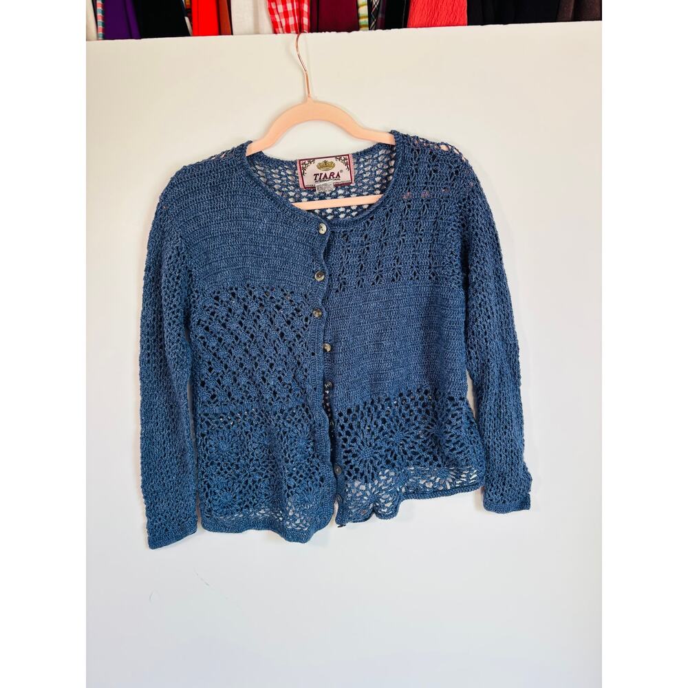 Y2K 2002 Vintage Hippie Boho Crochet Tiara Cardigan Blue Womens Medium Cotton